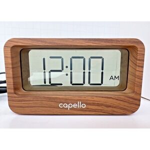 Capello Wood Grain Digital Alarm Clock Large Display USB Charging AC Adapter